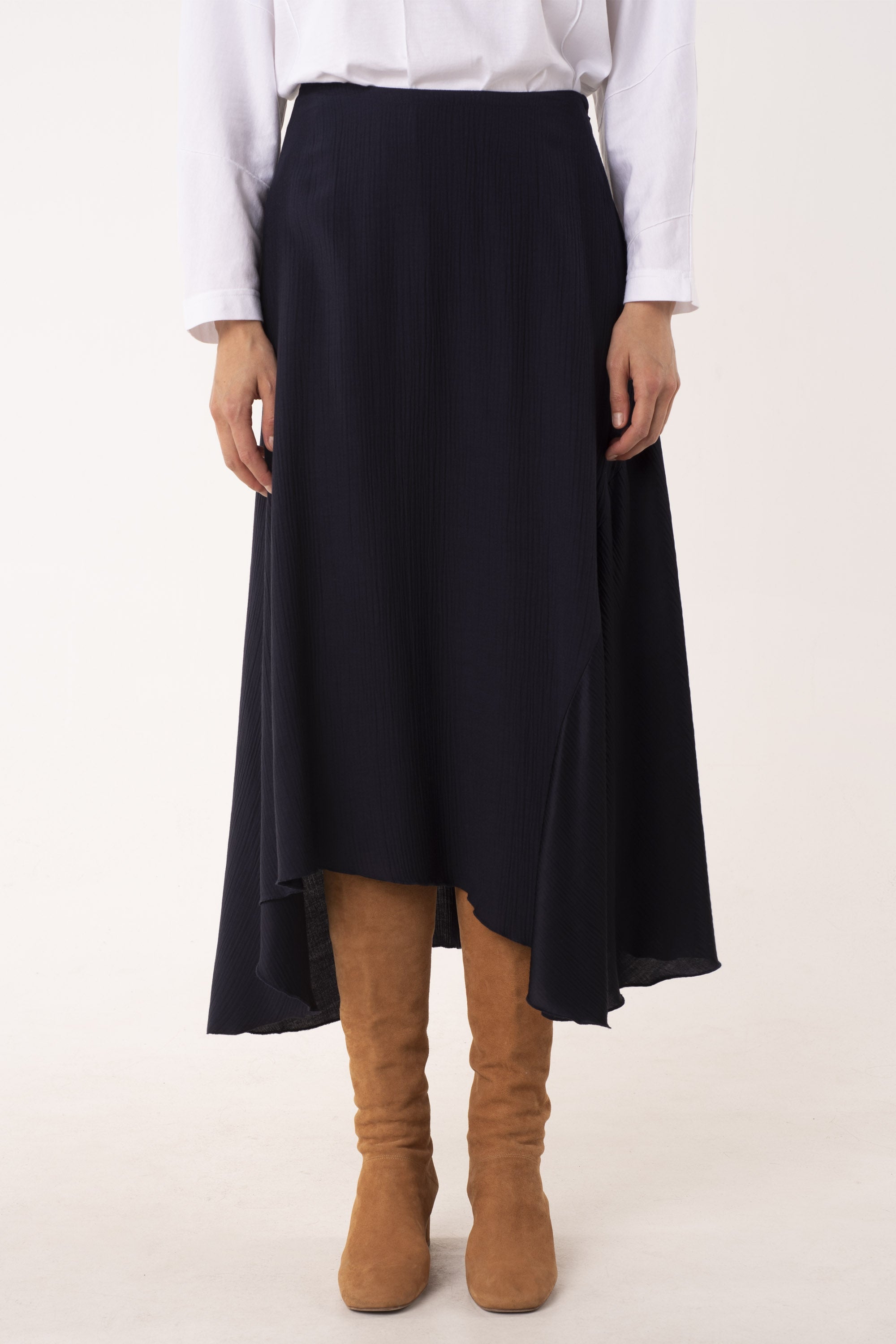 Midnight blue viscose and satin fluid skirt