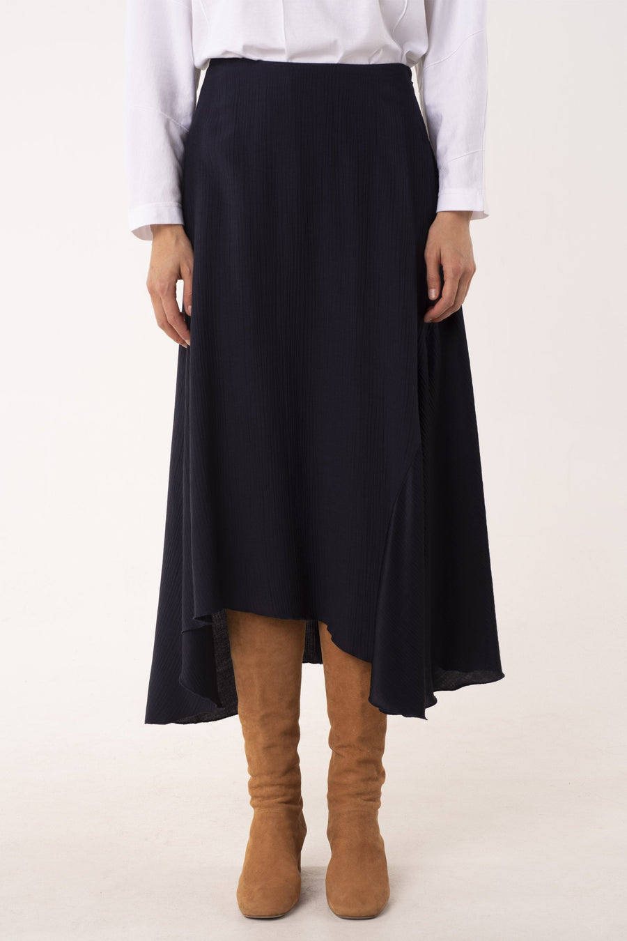 Midnight blue viscose and satin fluid skirt