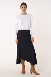 Midnight blue viscose and satin fluid skirt