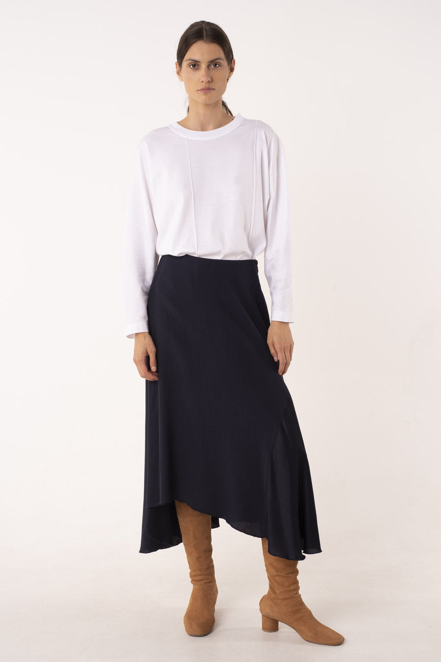 Midnight blue viscose and satin fluid skirt