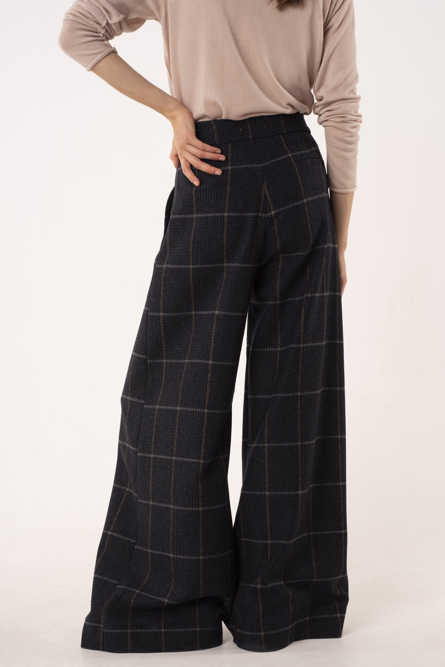 Dark blue wool widow pane wide leg pants