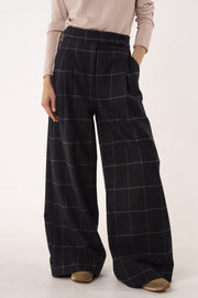Dark blue wool widow pane wide leg pants