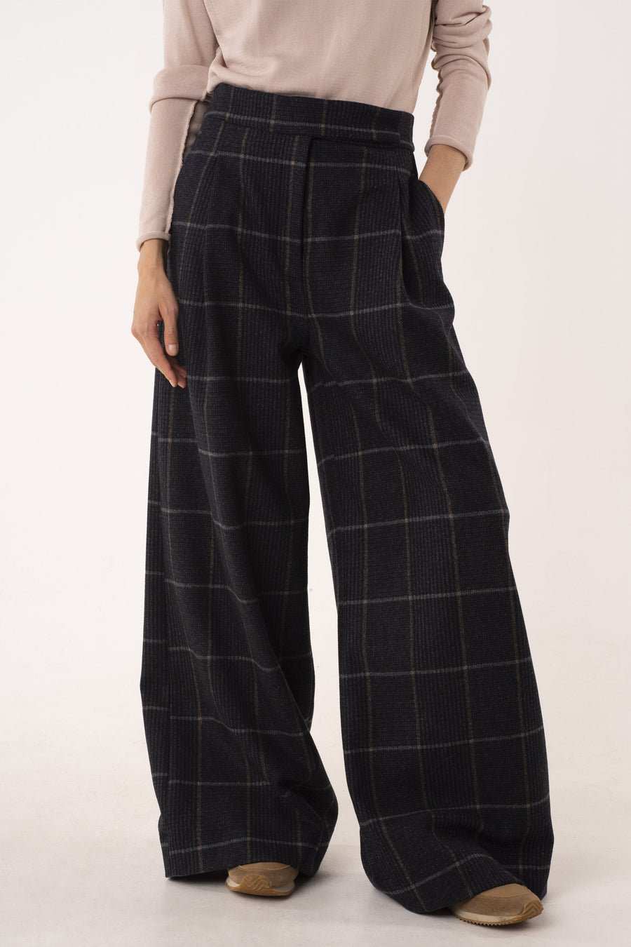 Dark blue wool widow pane wide leg pants