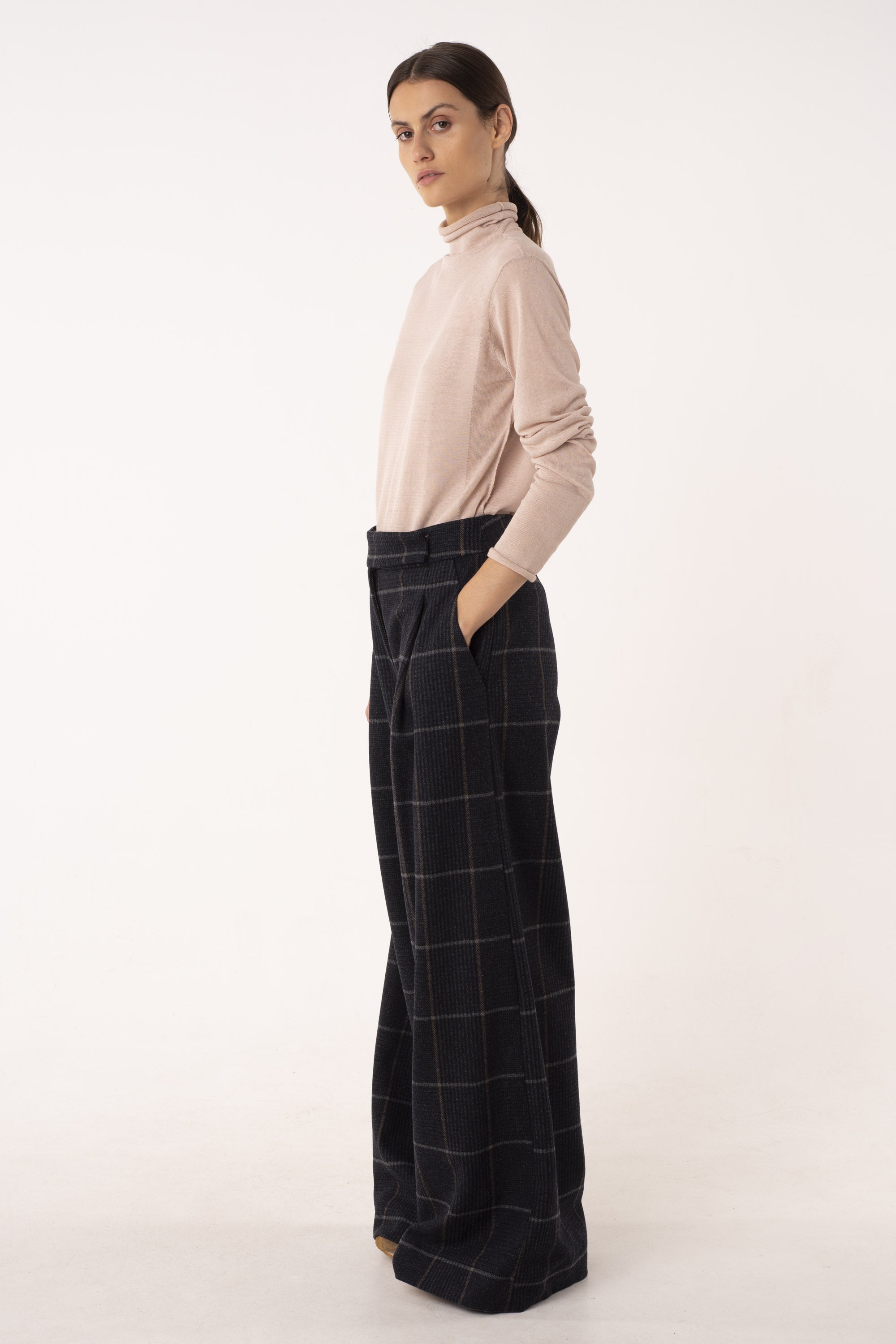 Dark blue wool widow pane wide leg pants