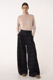 Dark blue wool widow pane wide leg pants