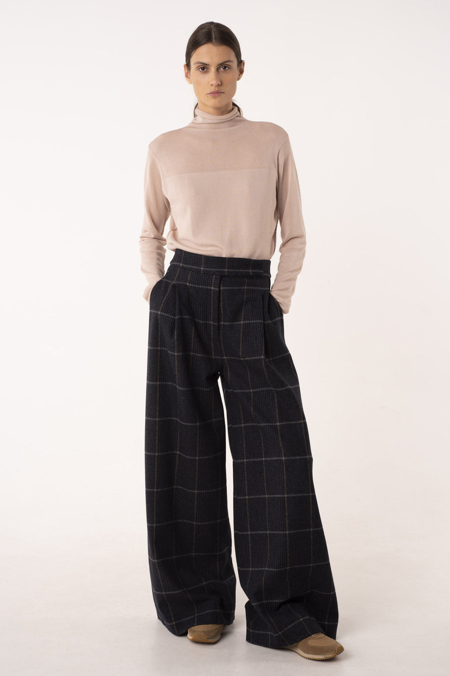 Dark blue wool widow pane wide leg pants