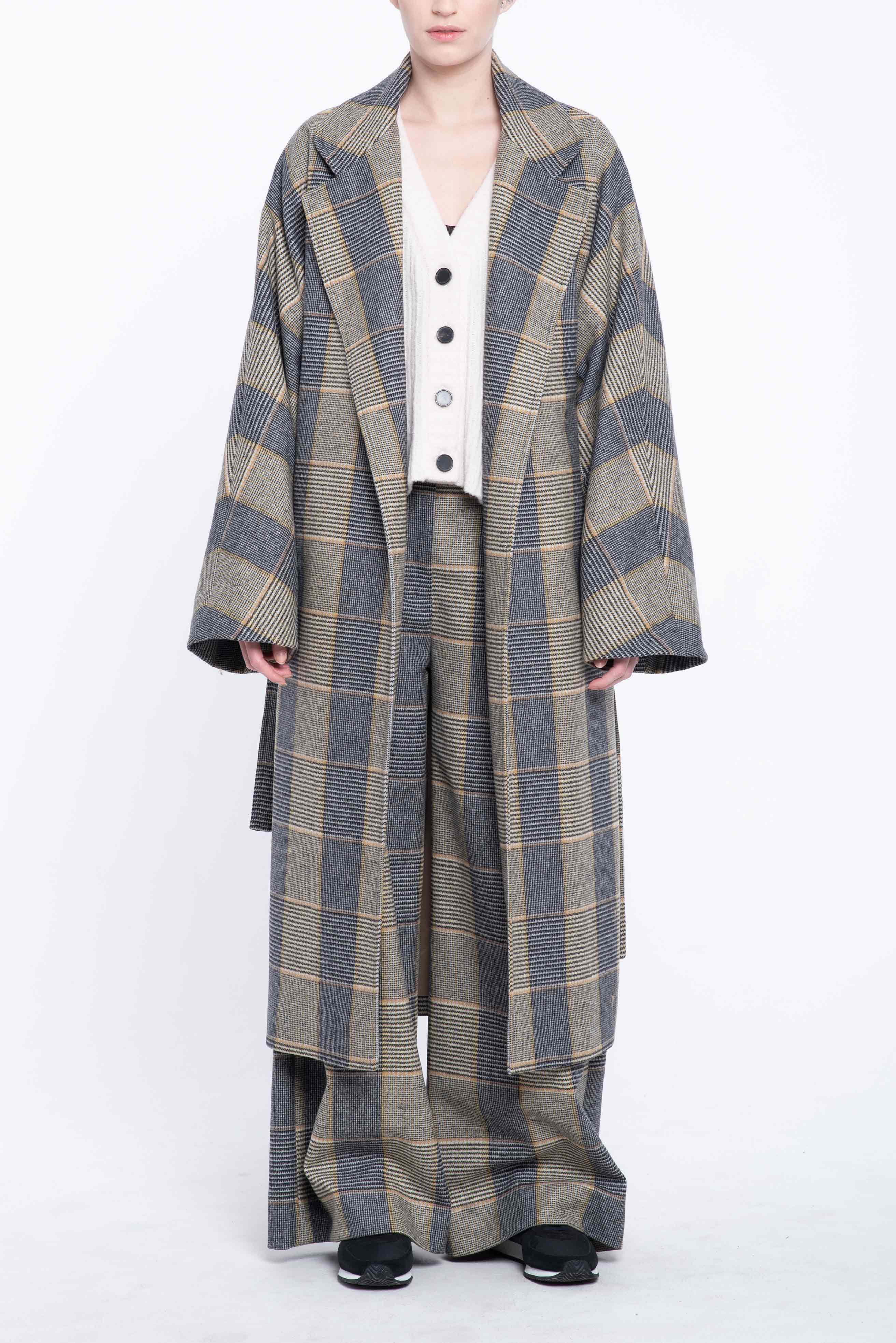 Widow pane wool suiting wrap coat