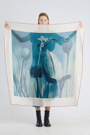 Teal blue wool photo print scarf