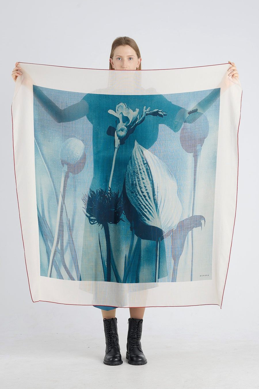 Teal blue wool photo print scarf