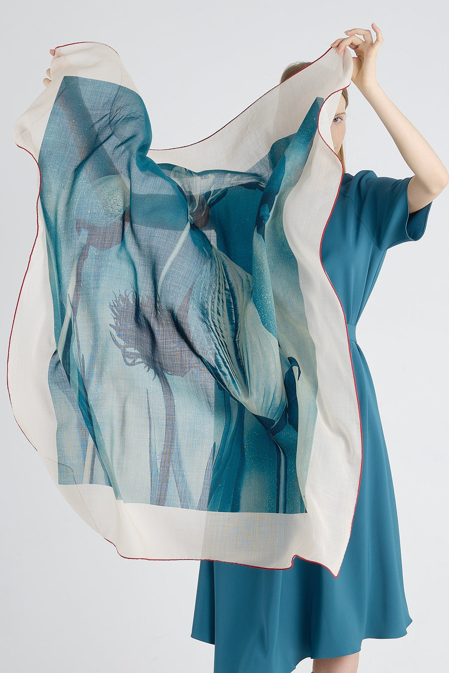 Teal blue wool photo print scarf