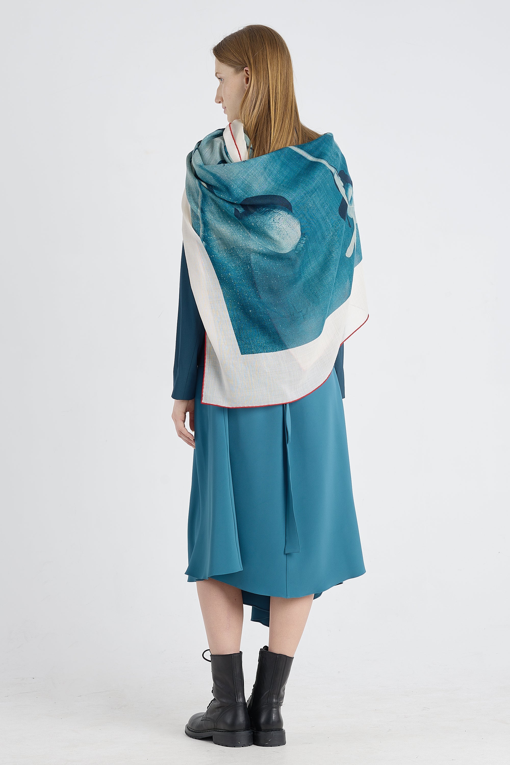 Teal blue wool photo print scarf