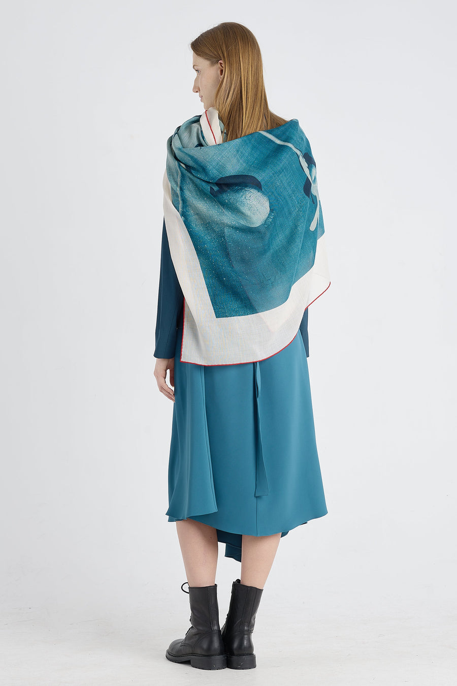 Teal blue wool photo print scarf
