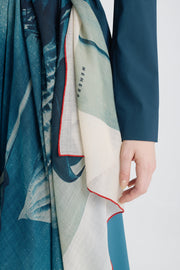 Teal blue wool photo print scarf
