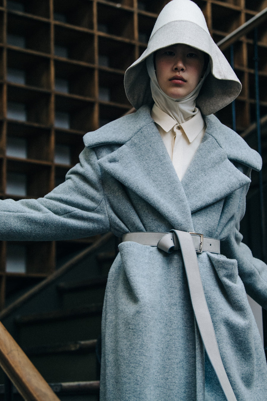 Stone grey leather extra long belt