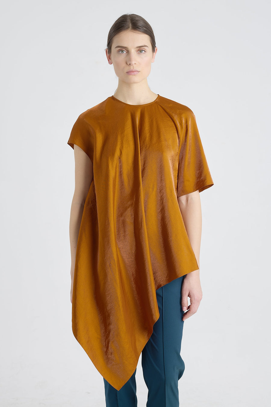 Rust tencel asymmetric blouse