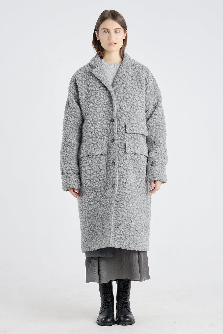 Light grey wool bouclé coat