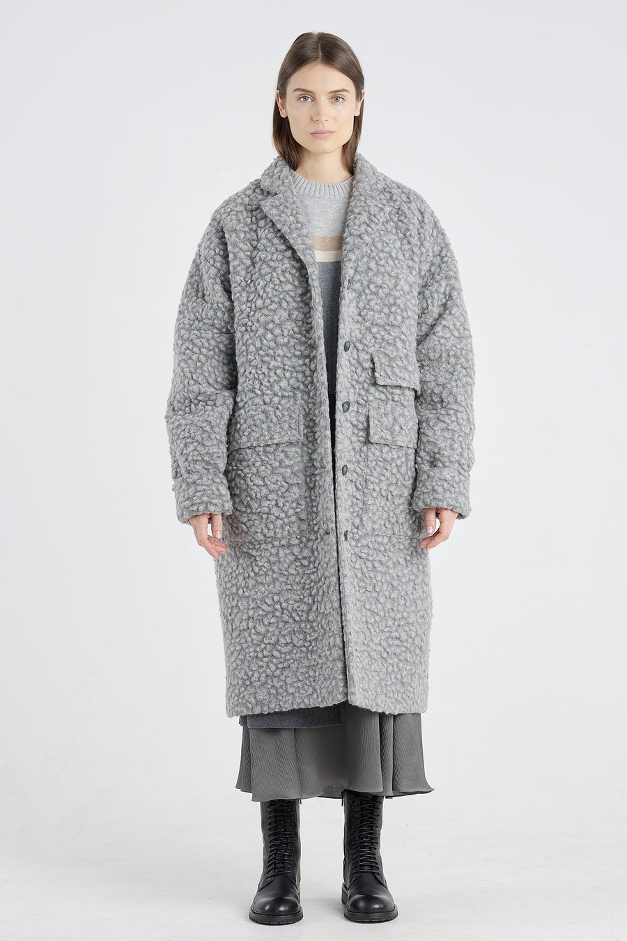 Light grey wool bouclé coat