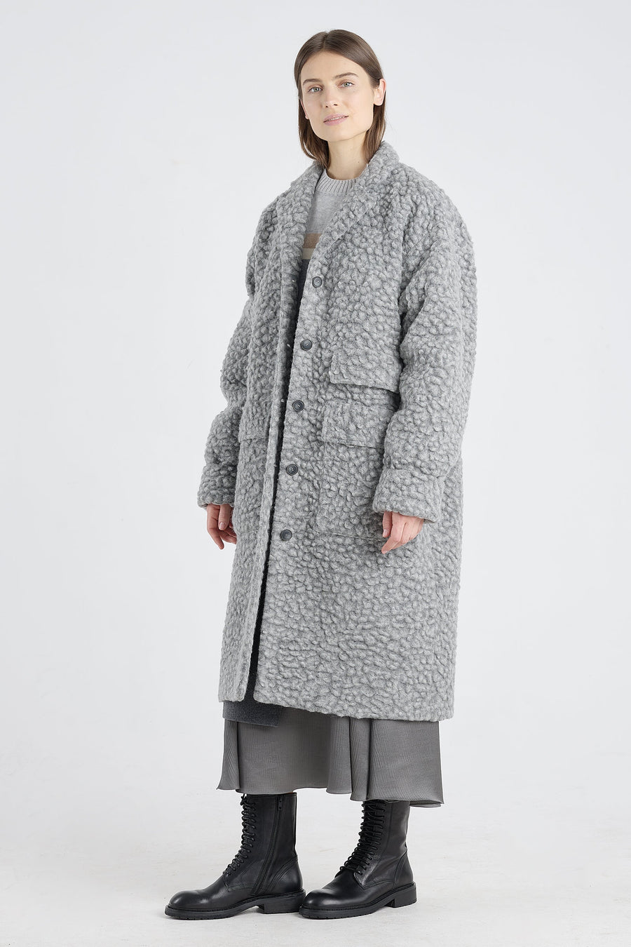 Light grey wool bouclé coat