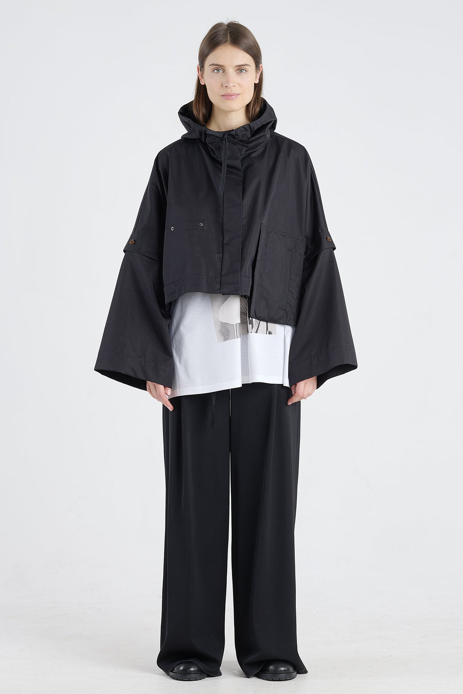 Black cotton trench coat with detachable parts