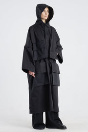 Black cotton trench coat with detachable parts