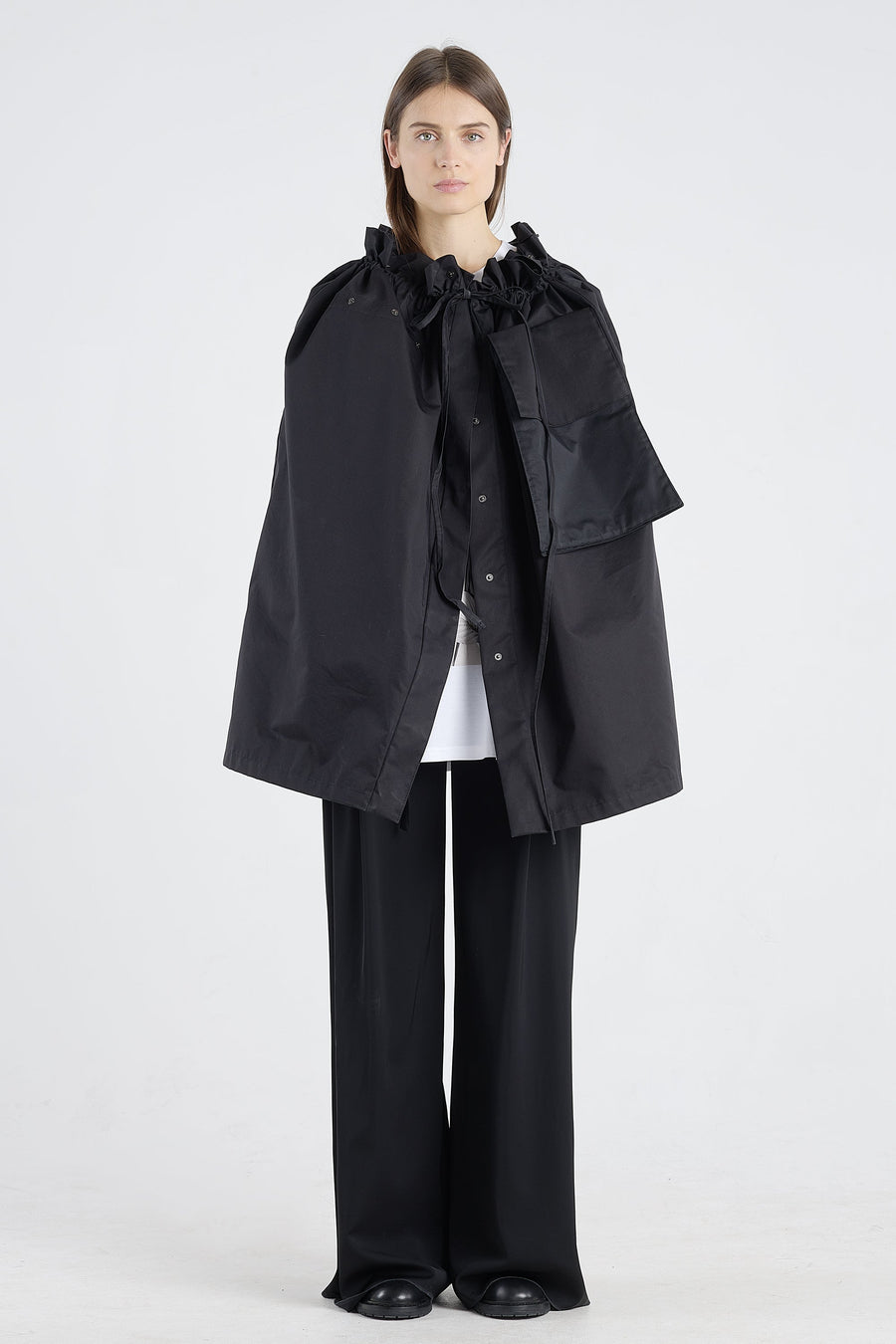 Black cotton trench coat with detachable parts