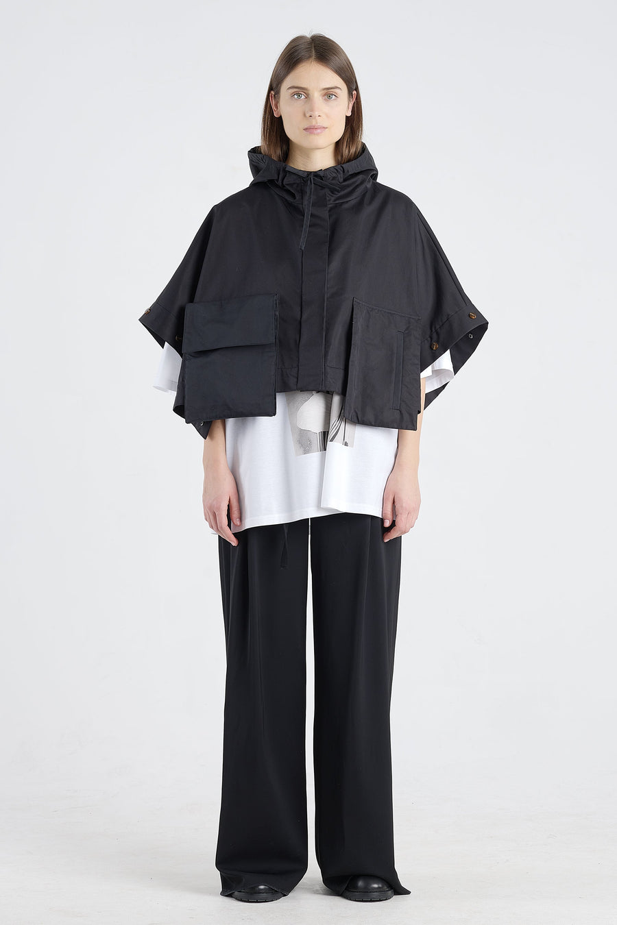 Black cotton trench coat with detachable parts