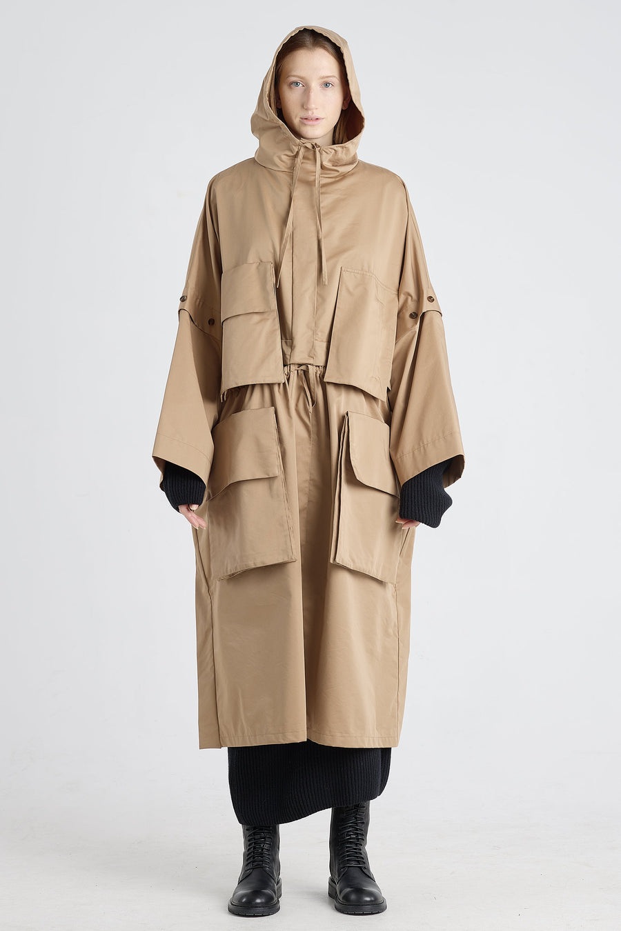 Camel cotton trench coat with detachable parts