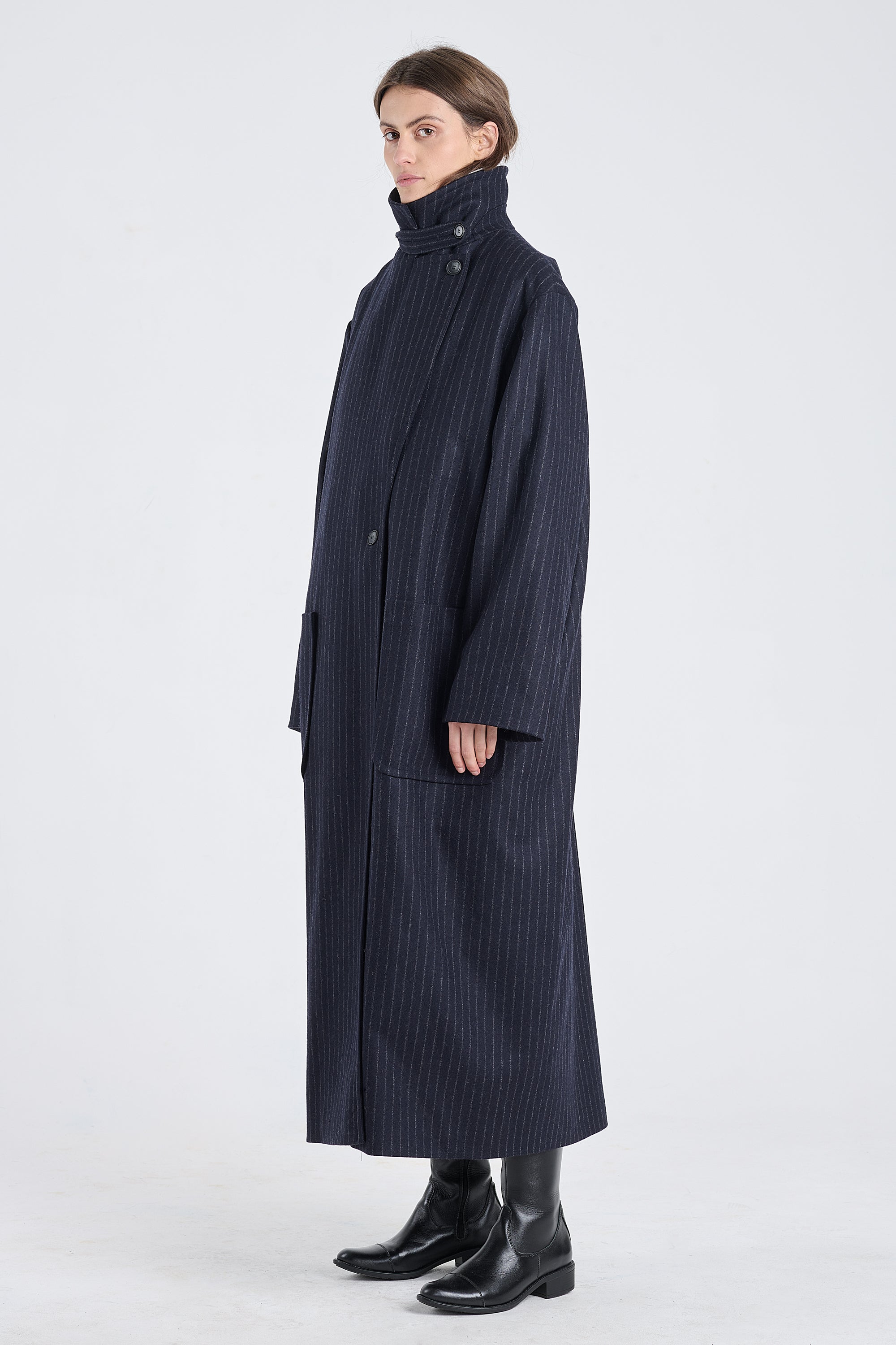 Dark blue wool striped coat