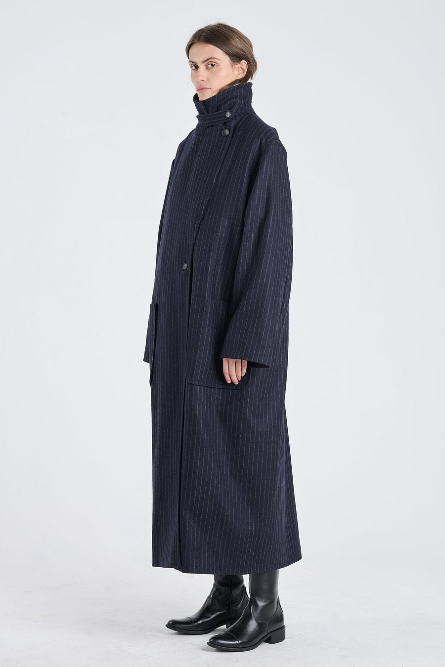 Dark blue wool striped coat