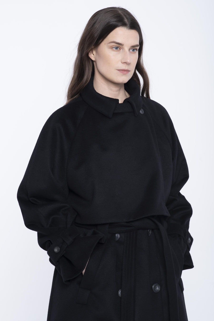 Black cashmere coat with trench details