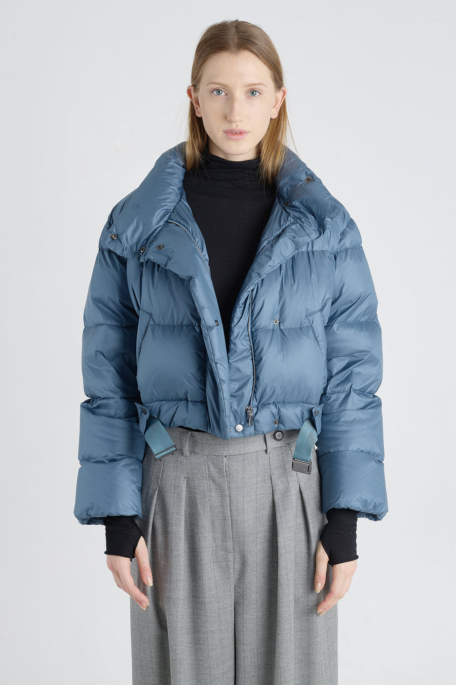 Dusty blue tech satin down coat