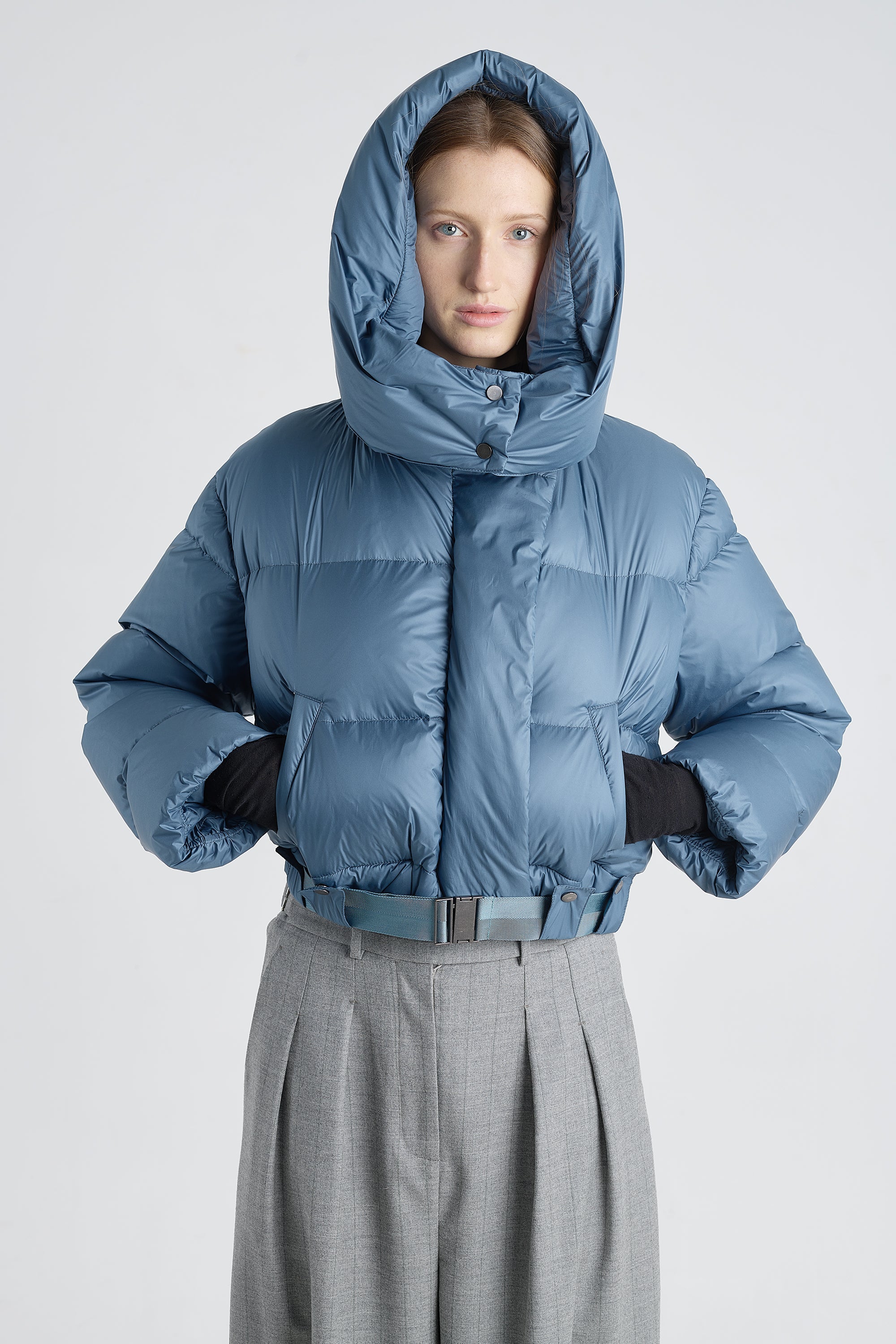 Dusty blue tech satin down coat