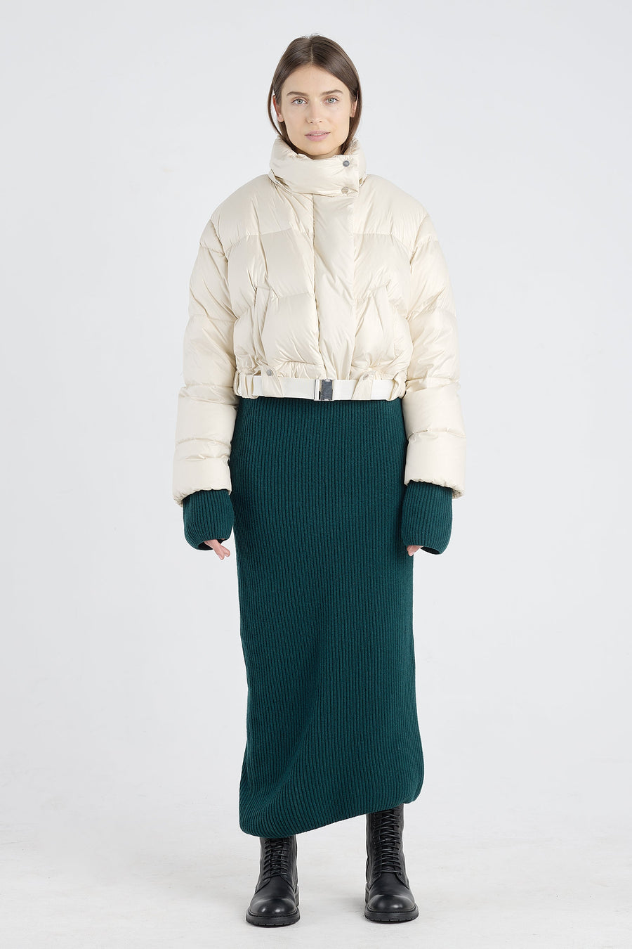 Light beige tech satin down coat