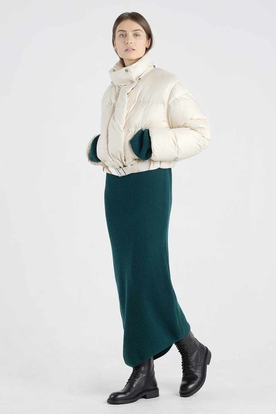 Light beige tech satin down coat