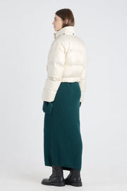 Light beige tech satin down coat