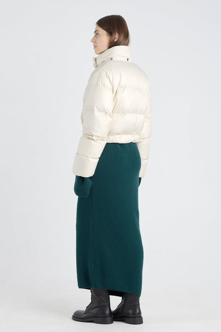 Light beige tech satin down coat