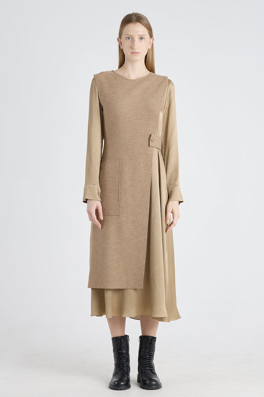 Beige brown wool and jersey panel dress