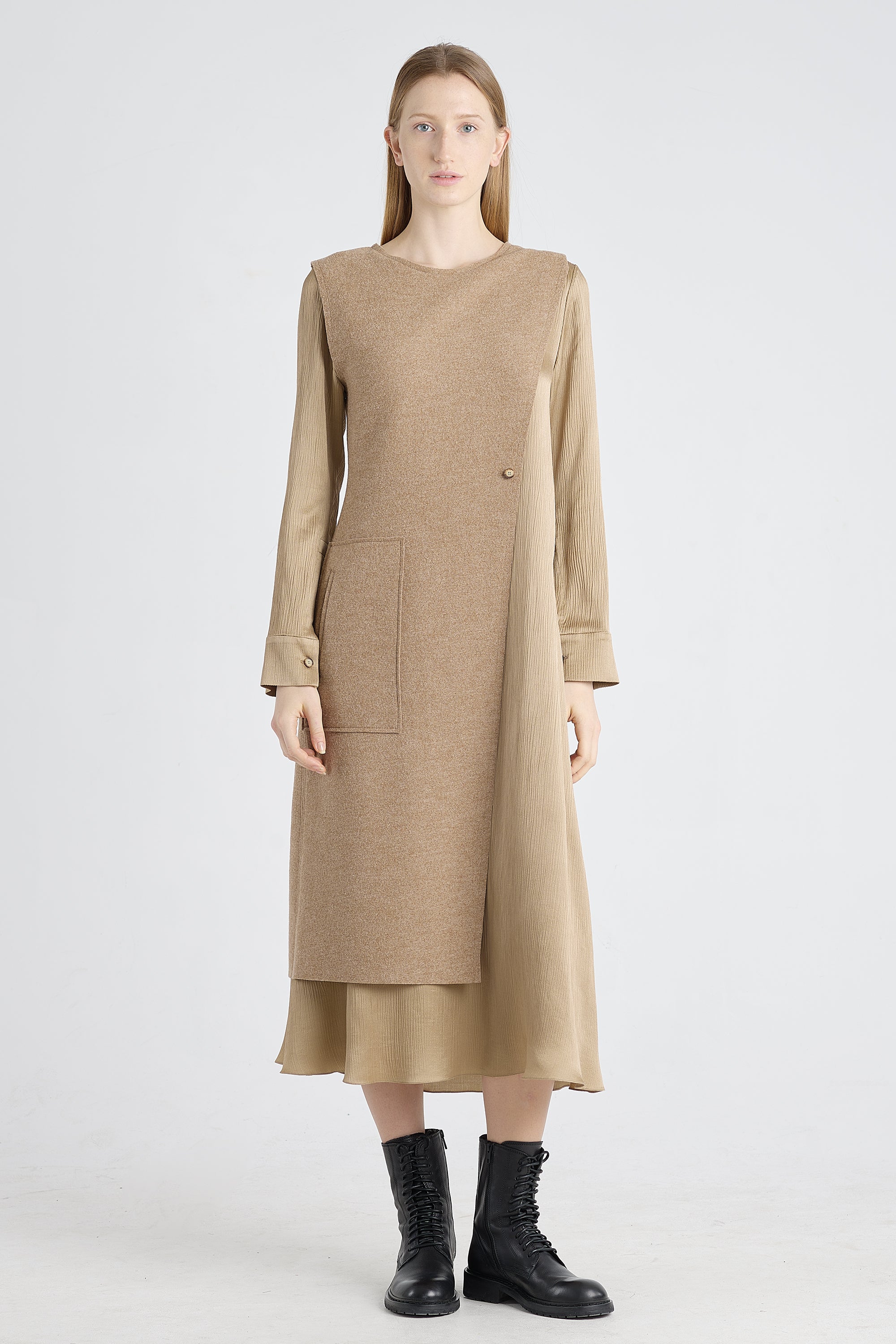 Beige brown wool and jersey panel dress