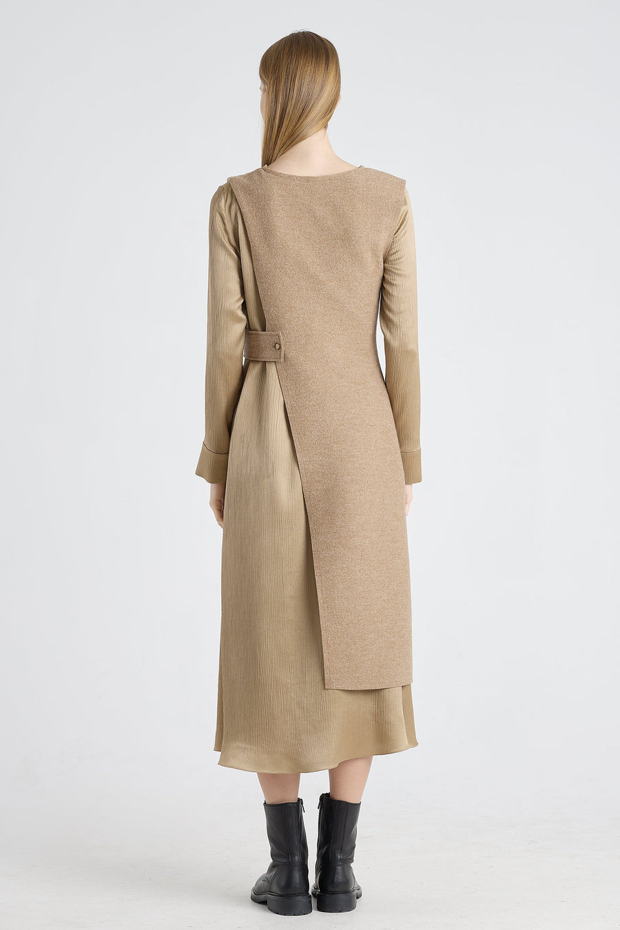 Beige brown wool and jersey panel dress