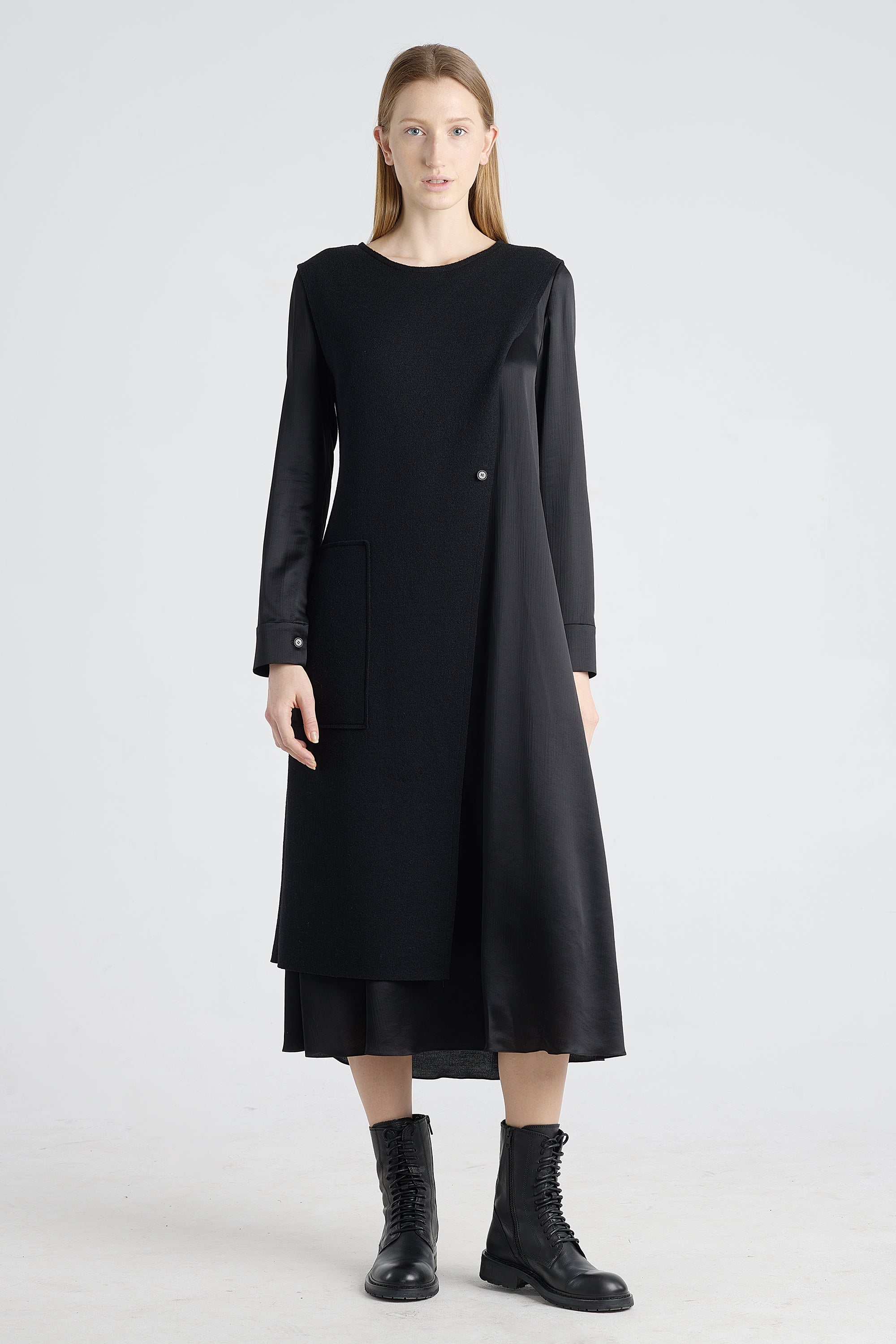 Black wool and jersey panel dress