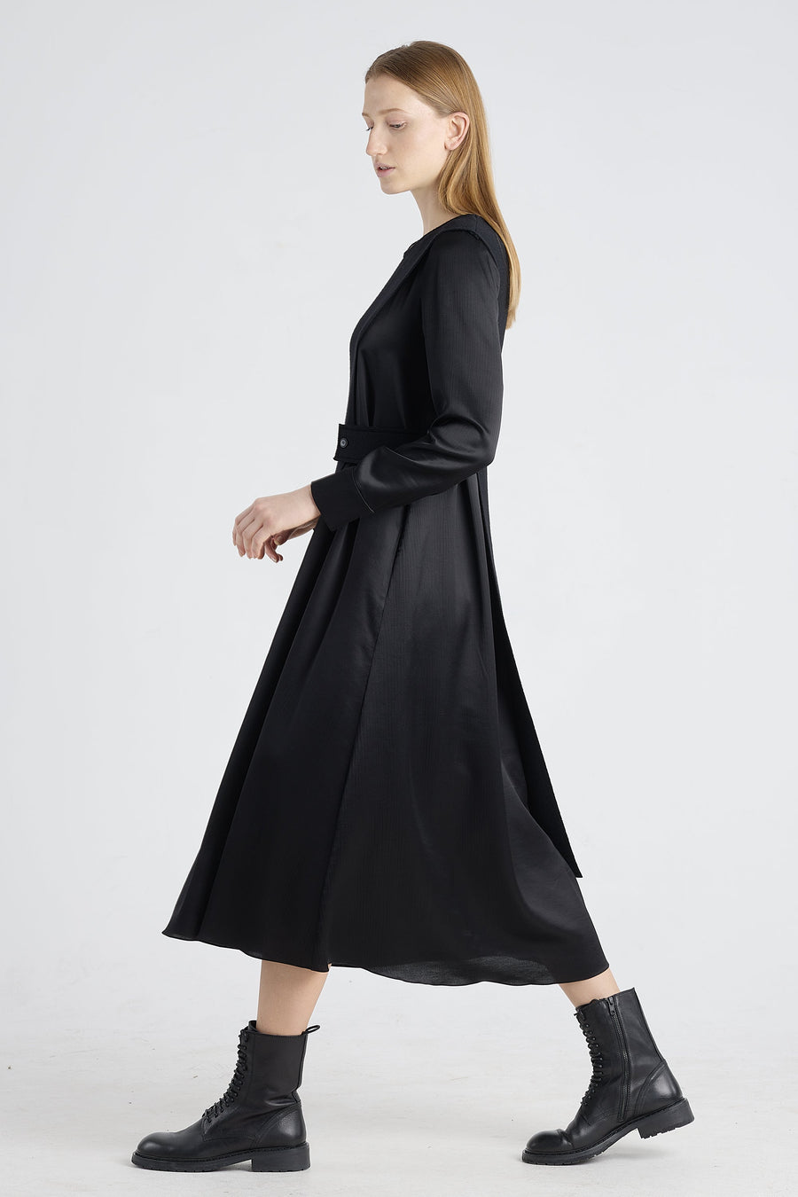 Black wool and jersey panel dress