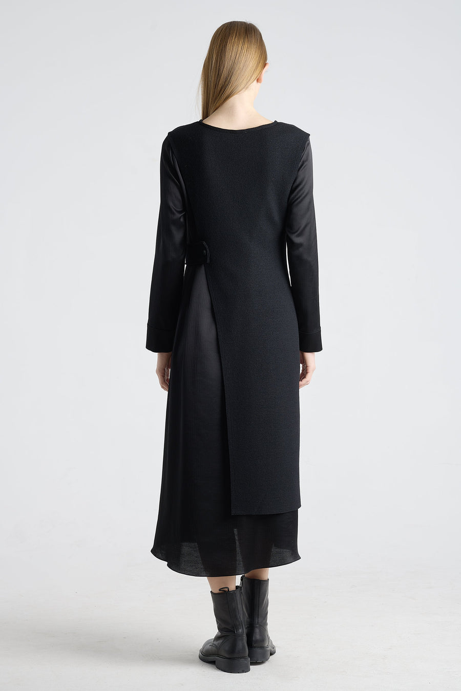 Black wool and jersey panel dress