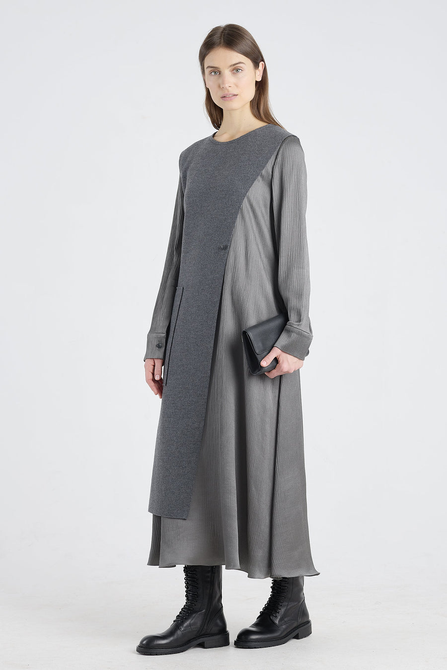 Grey wool and jersey panel dress
