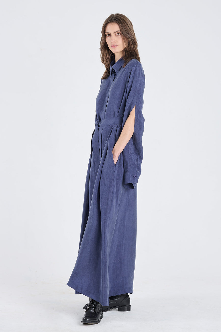 Blue tencel slit sleeve dress
