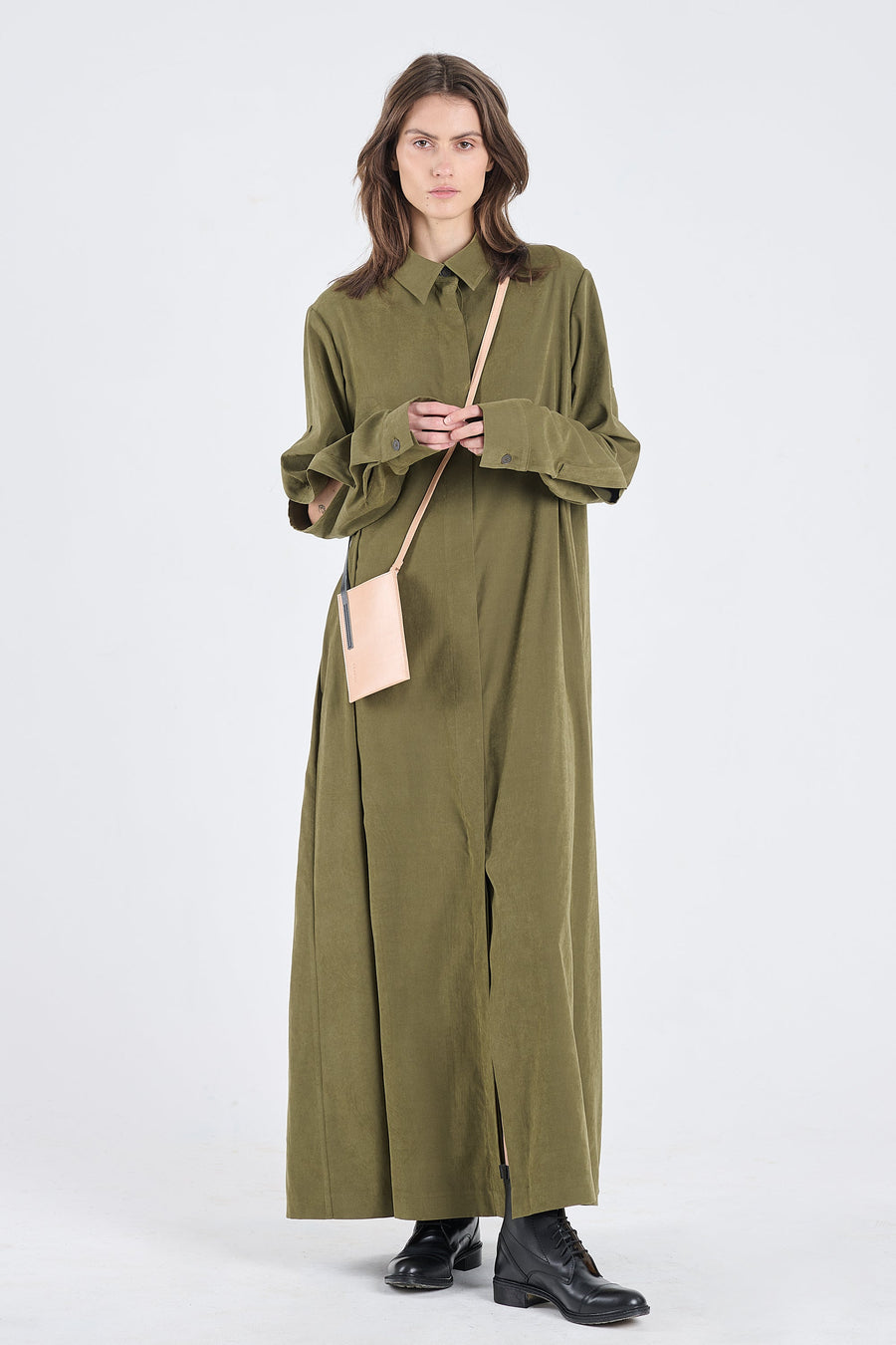 Olive cupro slit sleeve dress
