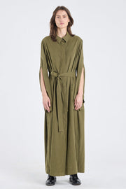 Olive cupro slit sleeve dress
