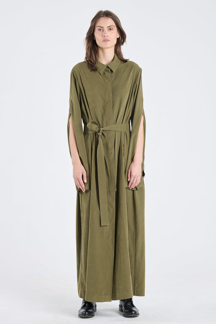 Olive cupro slit sleeve dress