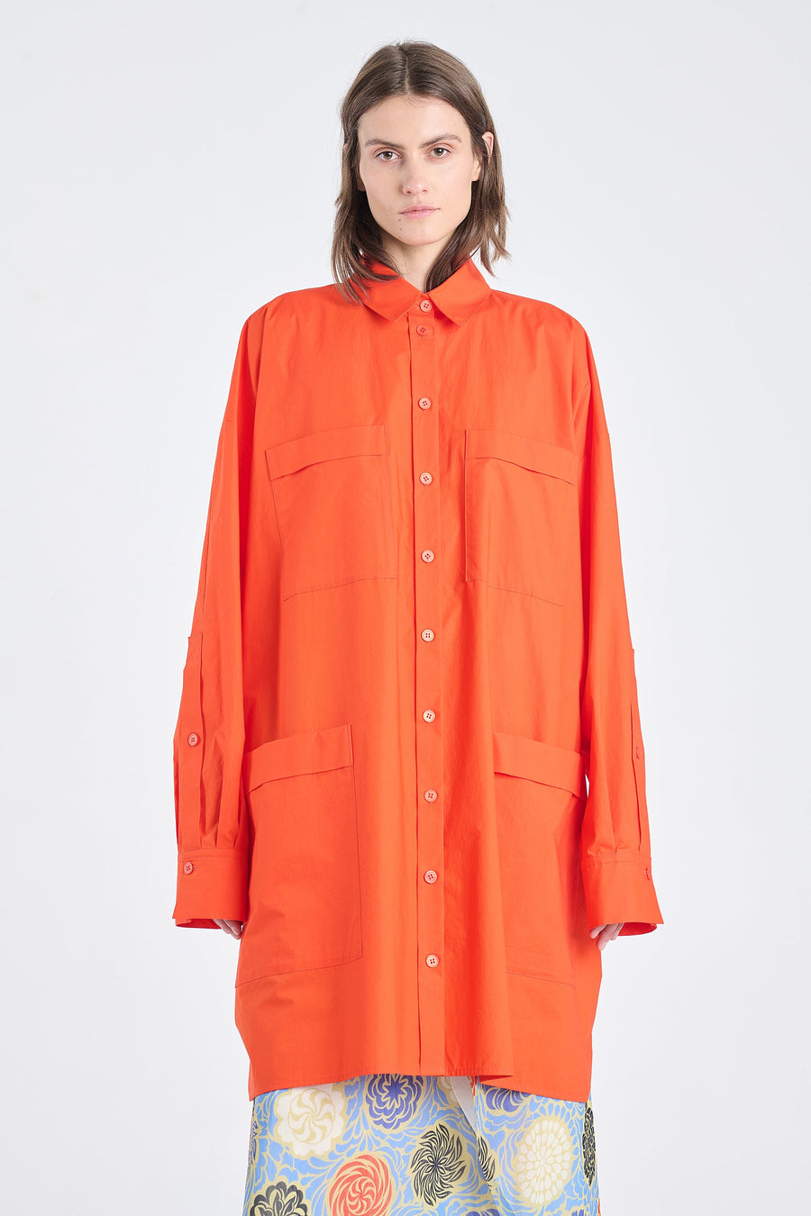Luminous red luxury cotton shirt dress