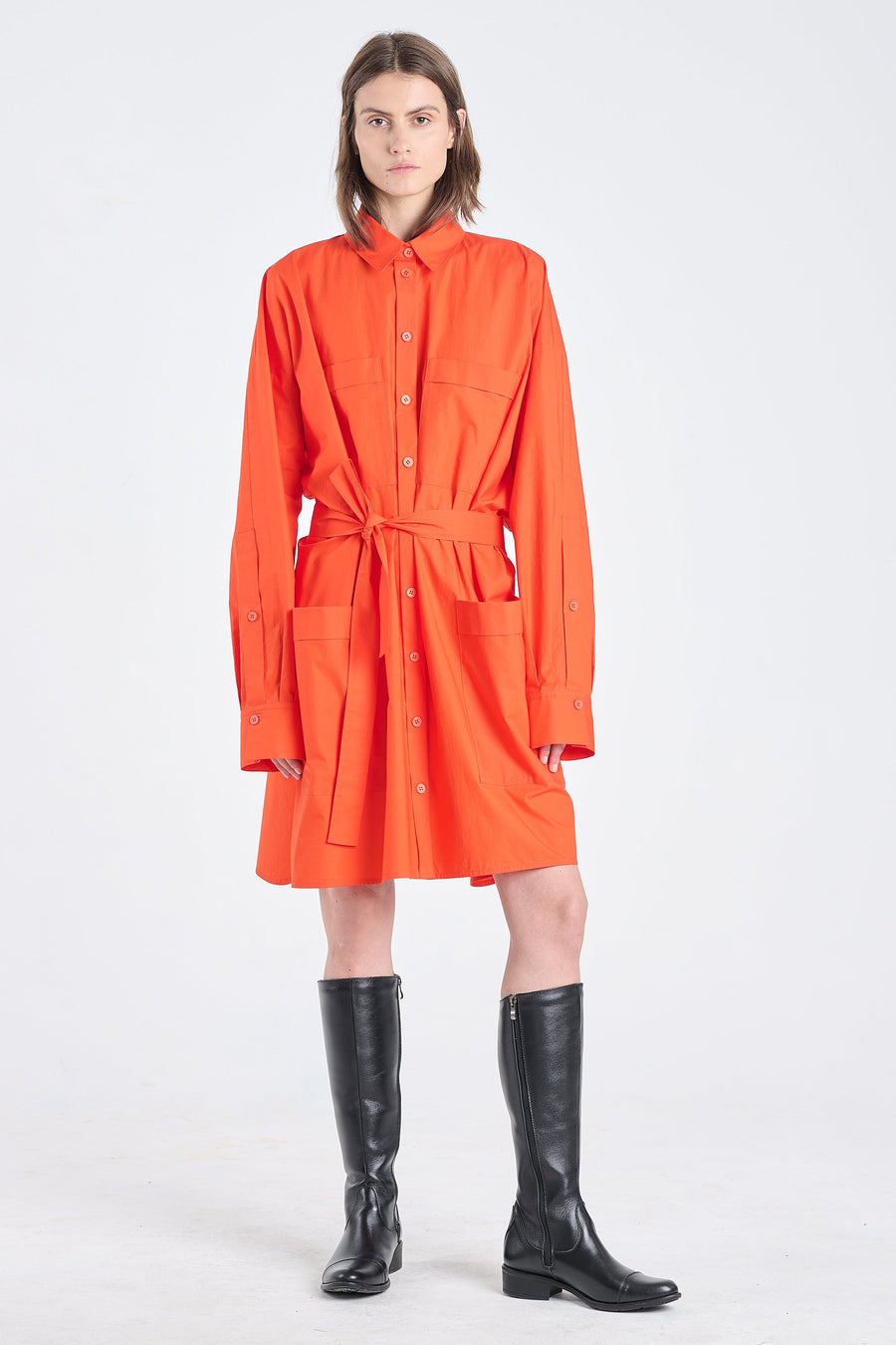 Luminous red luxury cotton shirt dress