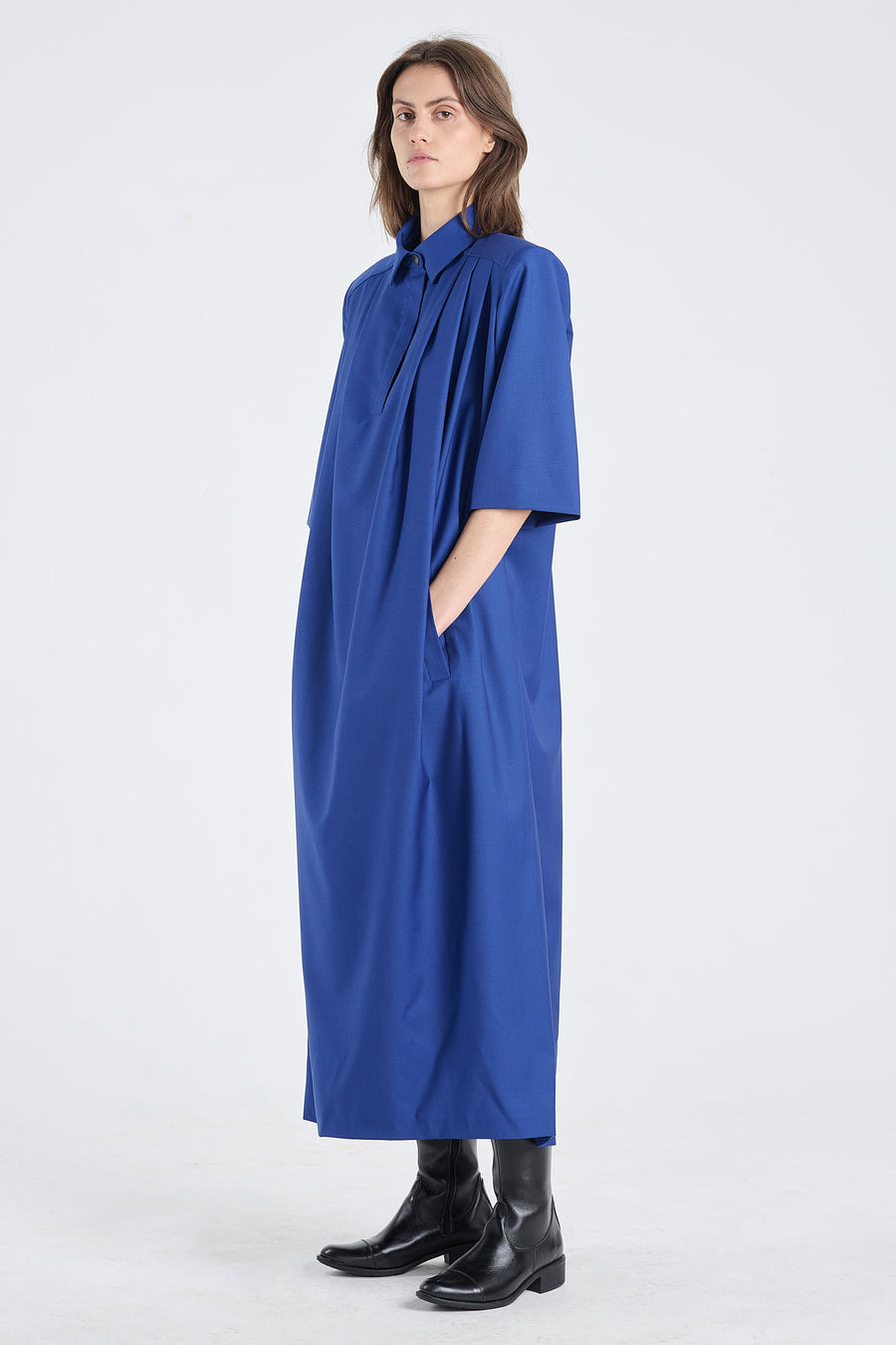 Ultramarine wool dress with shoulder pads